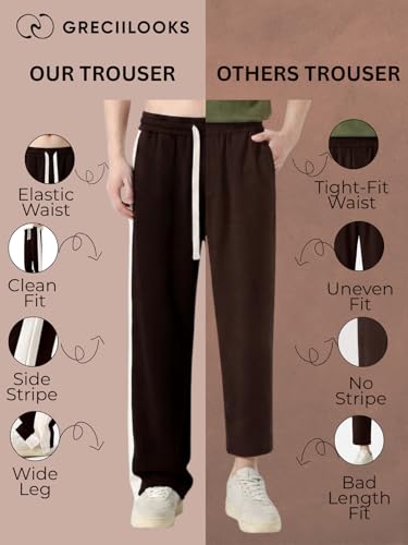 Image of GRECIILOOKS Trouser for Men | Man Relaxed Fit Trousers Twill Track Style | Straight Fit Wide Leg Trousers for Mens with Drawstring Waist | Korean Casual Travel Streetwear Pants