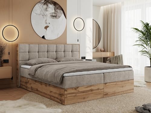 MKS MEBLE Boxspringbett Albero 1-180x200 cm mit Bettkasten, Kontinentalbett/Doppelbett, 2X 7-Zonen Taschenfederkern-Matratze H3, Topper T25, Kopfteil, Beige Strukture Holzoptik Wotan Eiche