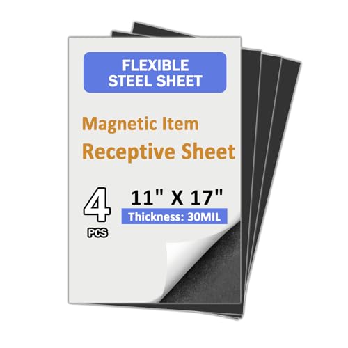 Flexible Steel Vinyl Magnetically-Receptive Sheet,11"x17" 4 Pcs,Magnetically Receptive Sheeting with Adhesive, Flat Rubber Metal Sheets,Flexible Iron Sheets Work with All Magnets