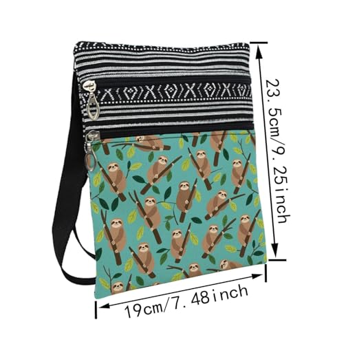 Green Sloth Messenger Bag Small Ethnic Pattern Adjustable Strap Crossbody Zipper Pouch Green Sloth Phone Organizer Wallet Cute Shoulder Handbag for Women Friends2