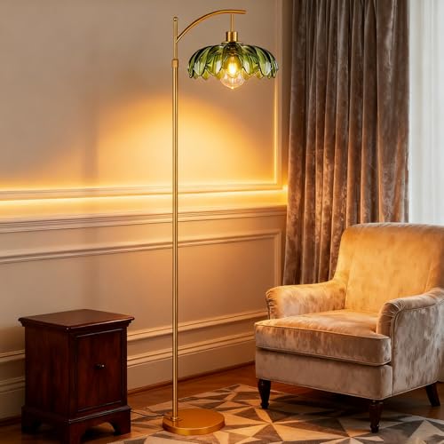 KlkrzJwy Lámpara De Pie De Cristal Con Forma De Flor Nórdica, Lámpara De Pie De Hierro Dorada De Altura Ajustable Con E26 Regulable, Lámpara Alta De Cristal Verde Para Sala De Estar Y Dormitorio