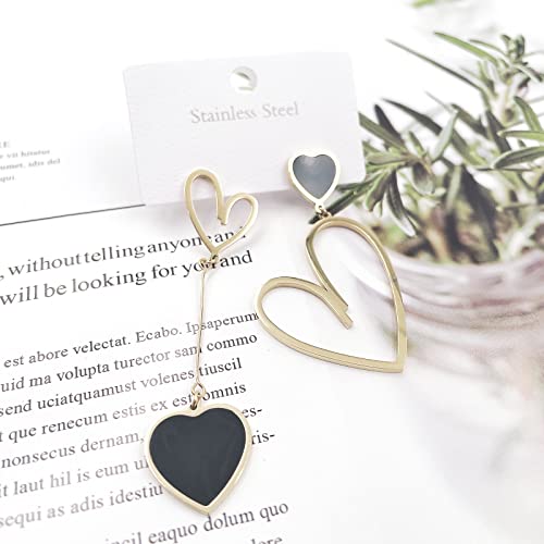 Asymmetric Mismatched Heart Earrings Asymmetry Gold Love Earrings Heart Shaped Dangle Earrings For Women Girls Red Heart Statement Heart Stud Long Large Earrings Valentine's Day Anniversary Day Jewelry (Gold-Black) #TOP3