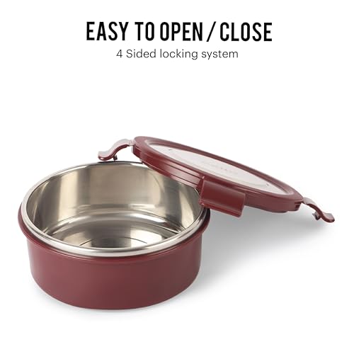 Image of CELLO MF Freshco Plus Lunch Box Set with 2 Spoons & Bag, 3 Containers, 300ml, Red | Outer Plastic & Inner Stainless Steel Tiffin Box with Jacket | Ideal for College, Office