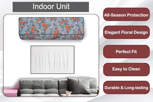 Image of The Furnishing Tree 1.5 Ton Split AC Cover for Indoor and Outdoor Units Floral Pattern Blue
