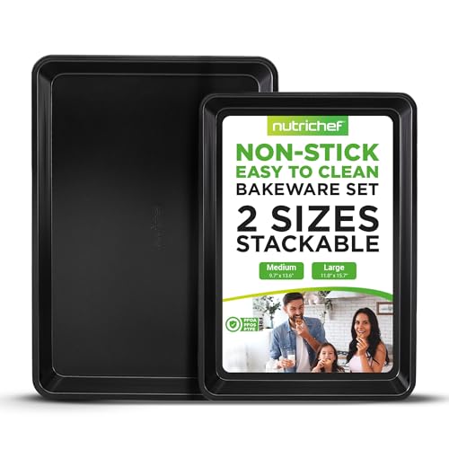 Nutrichef NC2TRBL 2-Piece Black Non-Stick Cookie Sheet Baking Tray Set - Versatile & Durable Carbon Steel Bakeware Sets, Stackable & Easy-Clean cover