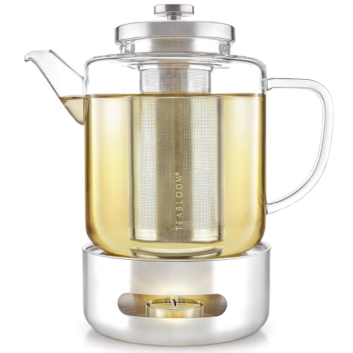 Teabloom Joyful Warmth Teapot with Tea Warmer – 50 oz (6+ Cups) Hand-Blown Borosilicate Glass, Stainless Steel Loose-Leaf Infuser, Heat-Resistant Kettle, Elegant Gift Set for Tea Lovers