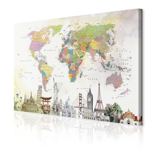 decomonkey Bilder Weltkarte 120x80 cm 1 Teilig Leinwandbilder Bild auf Leinwand Vlies Wandbild Kunstdruck Wanddeko Wand Wohnzimmer Wanddekoration Deko Abstrakt Welt Architektur