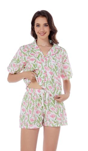 Image of LUBOT 100% Cotton Pajamas for Women 2 Piece PJ Set Poplin Woven Lightweight Ladies Button Short Sleeve Sleepwear S-XXL