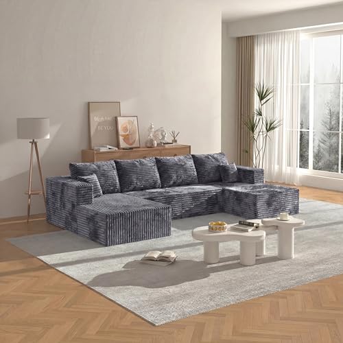 Image of 138 inch Modern Modular Sectional Sofa, U-Shaped Cloud Couch, Soft Corduroy Boneless Couch with 3060 High Rebound Memory Foam, Sectional Couches for Living Room-Grey(Left Facing Chaise)