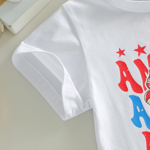 Image of Kids Toddler Girls 4th of July T-Shirt Short Sleeve Patriotic Coquette Bow American Flag Independence Day Top