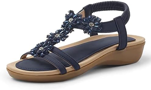 MUSSHOE Sandals for Women Dressy Summer Sandals Rhinestone Sparkly Sandals for Women Bling Sandals Womens Sandal Flat Shoes Elastic Ankle Strap Casual Summer Beach Sandals Flats,Navy 5