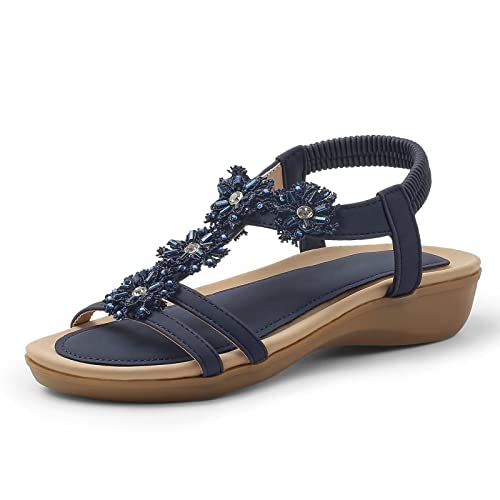 Musshoe Sandals For Women Dressy Summer Sandals Rhinestone Sparkly Sandals For Women Bling Sandals Womens Sandal Flat Shoes Elastic Ankle Strap Casual Summer Beach Sandals Flats,Navy 5 #TOP25