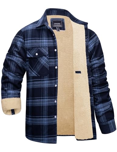 Cotrasen Men's Flannel Shirt Jacket Cotton Plaid Sherpa Lined Fleece Button Down Jacket Coat for Men with 5 Pockets