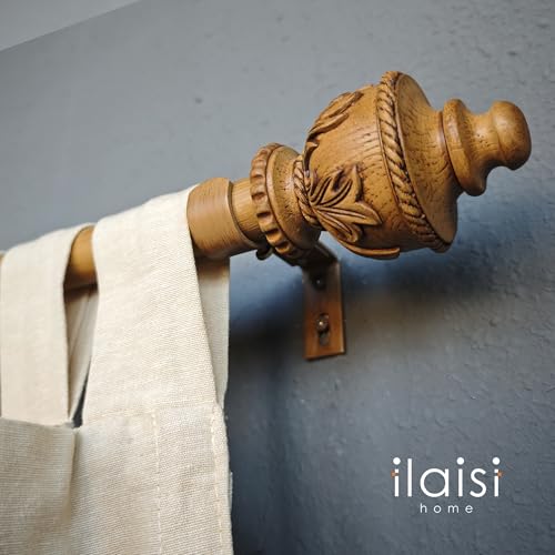 ILAISIHOME 1-1/8 Inch Diameter Curtain Rods with Carved wood design Finial, 36-72 inch Telescoping Faux Wood Single Curtain Rods for window width 24-68 inch, 1 pack - Thumbnail 4