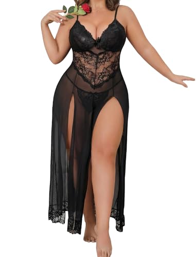 Image of Alrovetoney Plus Size Lingerie For Women Babydoll Sexy Mesh Maxi Nightdress Exotic Sleepwear Side Slits