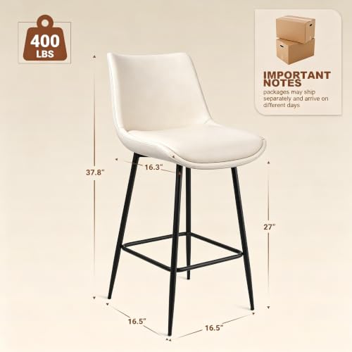 Image of Counter Height Bar Stools Set of 2, FSC Certified Upholstered Faux Leather Barstools with Back, Metal Base, 27 inch Seat Height, Modern Upholstered Counter Stools for Kitchen Island,(Beige