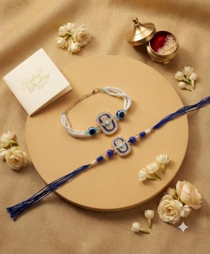 Image of Rakhi for Brother and Bhabhi Set of 2, Designer Rakhis for Rakshabandhan, Bhaiya Bhabhi Rakhi Set for Rang Panchami, Best Wishes Greeting Card and Tillak Set, Premium Thread Raki for Him