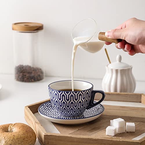 Selamica Ceramic 8 Oz Cappuccino Cup Set With Saucers, Espresso Coffee Cups, Latte Macchiato For Party Cafe Home, Christmas Gift, Set Of 6, Vintage Blue #TOP4