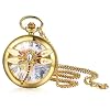 JewelryWe Quartz Dragonfly Pocket Watch: Ladies Gold Embossed Analog Roman Numerals Dial Women Fob Half Hunter Watch with Sweater Chain