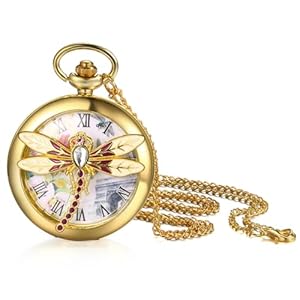 JewelryWe Quartz Dragonfly Pocket Watch: Dames Goud Reliëf Analoge Romeinse Cijfers Dial Vrouwen Fob Half Hunter Horloge met Trui Chain, libelle, Adult