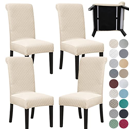 SPRINGRICO 4 Pack Dining Room Chair Covers with seat Belt, Stretch Parsons Chair Slipcover Washable Kitchen Dining Chair Cover Removable Seat Protector Set of 4, S2- Beige