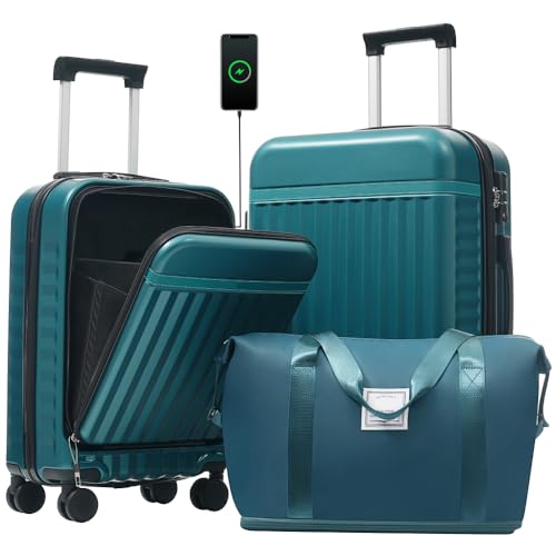 3 Piece Front Opening Luggage Set Hardside Carry on Suitcase with USB Port Expandable Spinner Wheels TSA Lock (Dark Green + ABS)