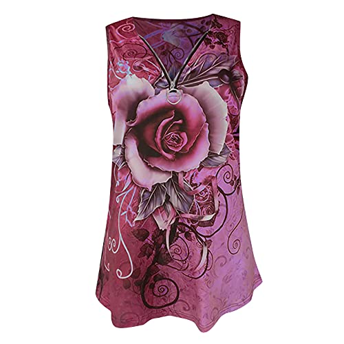 Wangxiyan Summer Women Cold Shoulder Tank Top Fashion Sexy Loose Fit Short Sleeve Zipper Floral Printing Long Tunic Blouse Hot Pink,X-Large #TOP3
