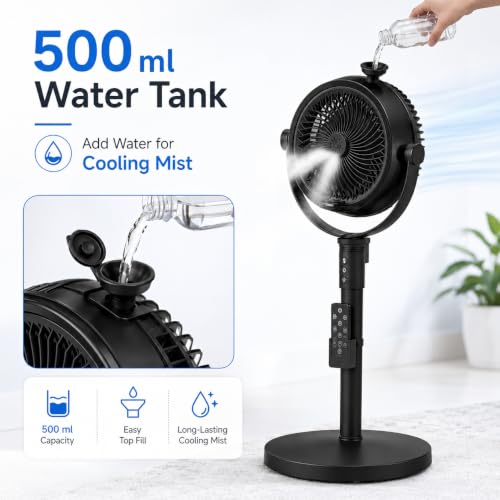 Image of One94Store Humidification Floor Fan, Portable USB & Battery Operated Rechargeable Mist Fan with Smart Remote Control, 4000mAh Battery, 4 Speed Modes, 150 Swing, Up to 2H Runtime Black