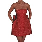 TIRAS Short Strapless Homecoming Dresses for Teens Mini Sparkly Women's Cocktail Dresses with Oversize Bow Glitter Silver US6