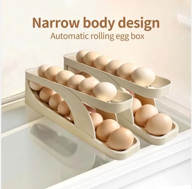Egg Dispenser for Refrigerator or Kitchen Countertop, Automatic Roll Down Egg Storage for Fridge, Space Saving Gravity Fed Egg Holder and Organizer Tray (Beige/Off White)