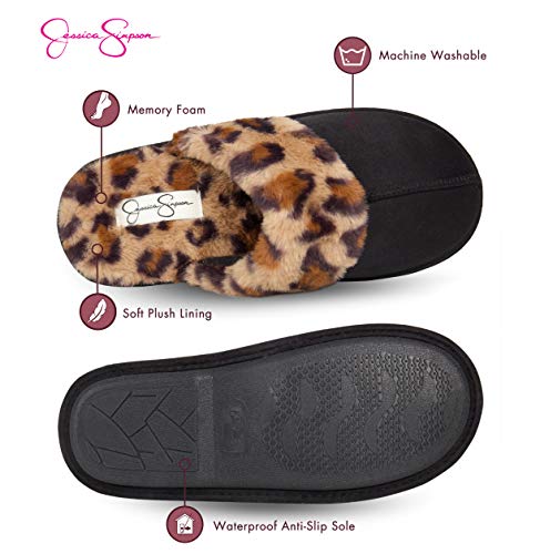 Jessica Simpson Women's Comfy Faux Fur House Slipper Scuff Memory Foam Slip On Anti-Skid Sole, Black/Leopard, Large #TOP2