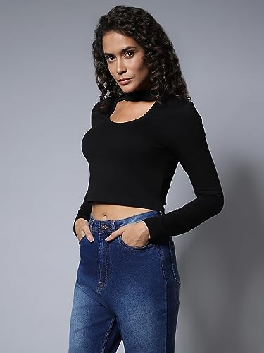 Image of High Star Women's Choker Neck Fitted Full Sleeves Crop Top