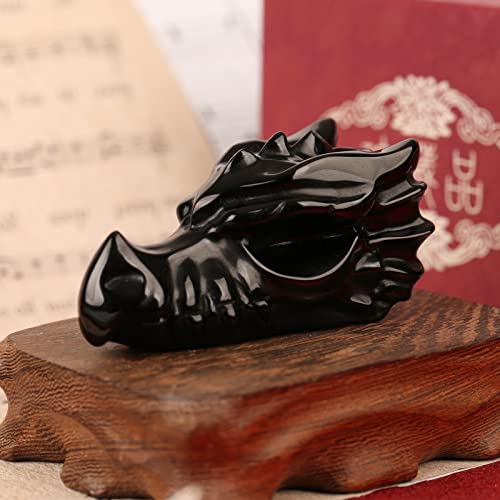 3" Obsidian Crystal Dragon Head Skull Statue, Hand Carved Realistic Black Dragon Head Figurines Animal Sculpture, Reiki Healing Stone Statue #TOP1