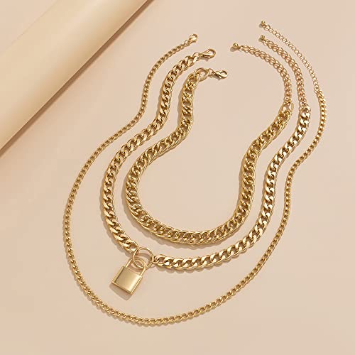 Jumwrit Chunky Chain Necklace Punk Layered Choker Necklaces Cuban Link Chain Necklace With Lock Pendant Necklace Statement Necklace For Women And Girls（Gold） #TOP4