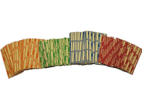 Flat Coin Wrapper 100 Assorted Pack(25 Each Of Quarters, Dimes, Nickels, Pennies), Aba-Standard Colored Striped Durable Kraft Paper #TOP6
