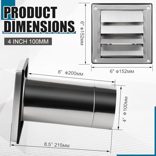 Image of Shimeyao 4 inch Wall Vent Cover Stainless Steel Outside Dryer Vent Covers for House Exhaust Duct Kit with Removable Extension Pipe 8 Inch and 4 Screw for House Outdoor Extended Air Pipe, Silver