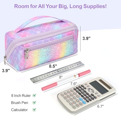 Image of Large Pencil Case for Girls, Aesthetic Pencil Pouch for School, Wide Opening Organizer Box with Handle, Fits 50 Pens & Markers (Glitter Purple Mermaid)