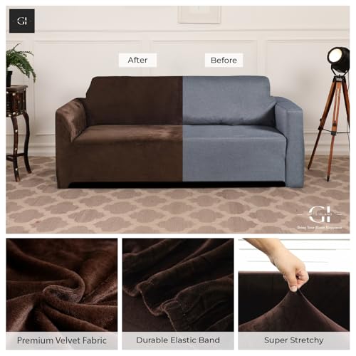 Image of Gifts Island Premium Velvet Sofa Cover 3 Seater and 2 Seater Fully Covered Universal 5 Seater Sofa Cover Non-Slip Sticky Elastic Stretchable Slipcover (Velvet Brown)