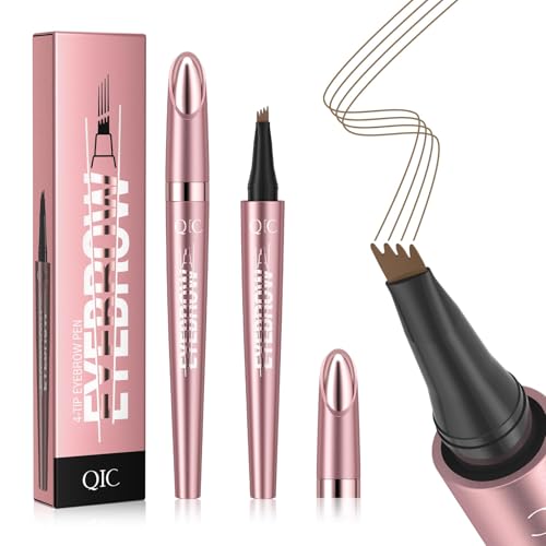 QIC 4-Tip Microblading Eyebrow Pen Waterproof Brow Marker for Natural Hair-Like Strokes Quick-Dry Smudge-Resistant Light Brown