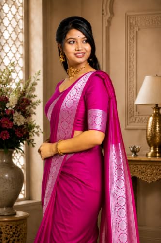 Image of Women's Glory Banarasi Satin Silk Saree Plain Silver Zari | Unstiched Blouse Piece Included.