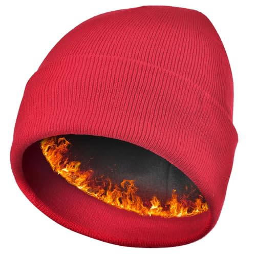 Image of Keains Unisex Wooly Hat,Thermal Winter Hats,Warm Fleece Lining Hats, Knit Beanie for Men and Women,Gifts for Men Women Dad Red
