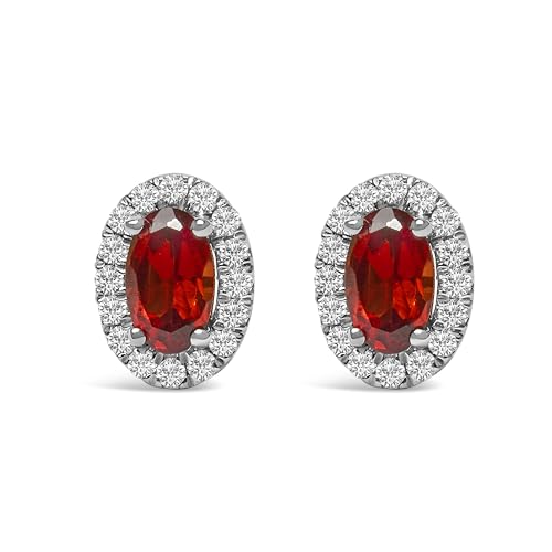10K White Gold 5x3 MM Oval Red Garnet and Diamond Halo Stud Earrings (I-J Color, I1-I2 Clarity)