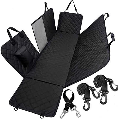 WheComd Dog Car Seat For Back Seat Half – Waterproof Hammock Style Cover For Medium To Large Dogs, Non-Slip, Hard Bottom, Mesh Window & Pocket – Fits Cars, SUVs, And Trucks (Black-L