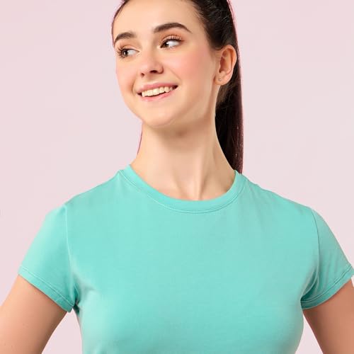 Image of Enamor Short Sleeve Crew Neck Regular Length Basic Crew T-Shirt for Women - Slim Fit, Soft and Breathable Stretch Cotton - E047