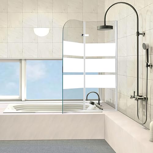 Ollewiellan Paroi de douche pour baignoire, 100 x 140 cm, en 2 parties, pliable, avec verre de sécurité ESG de 6 mm, bandes blanches, paroi de baignoire en verre avec accessoire de baignoire