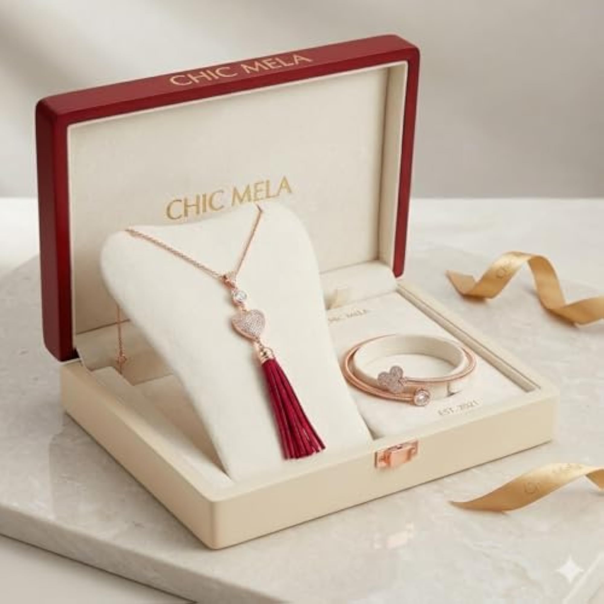 Gold Necklace with Heart & Red Tassel Pendant + Cuff Bracelet Set