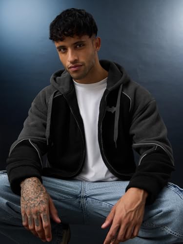 Image of The Souled Store Batman: Dark Knight Men and Boys Long Sleeves Hooded Neck Black and Grey Embroidered Cotton Blend Oversized Hoodies