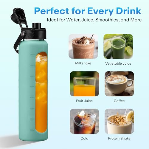 Image of Rioware1 Litre Motivational Borosilicate Glass Sipper with Silicone Sleeve, Time Markings, Airtight,Leak-Proof BPA-Free Eco-Friendly, Reusable Bottle For Fridge, Gym, Travel, Office & Home (GREEN)