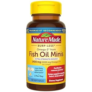 Nature Made Extra Strength Burp Less Omega 3 Fish Oil 1400 mg Minis, Fish Oil Supplements as Ethyl Esters for Healthy Heart, Brain and Eyes Support, Omega 3 Supplement, 60 Softgels, 30 Day Supply