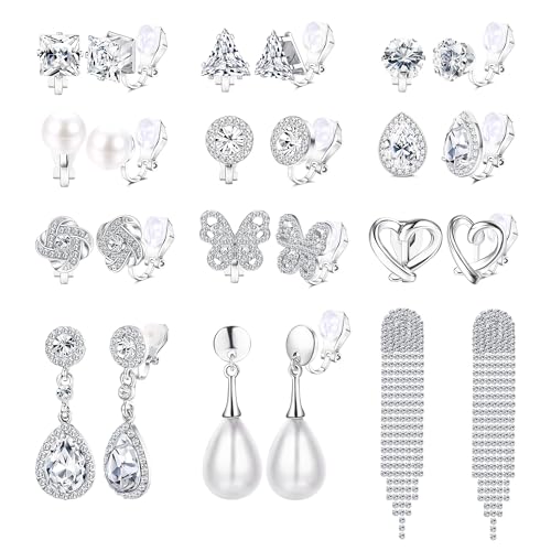 Kakonia 12 Pairs Clip On Earrings For Women Girls Non Pierced Cubic Zirconia Pearl Crystal Rhinestone Silver Stud Dangle Fashion Clip Earring Set